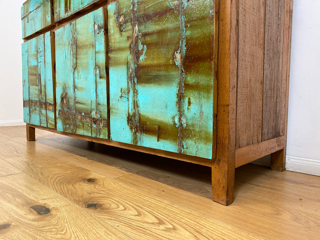 Boatwood by WMK # Besonders schönes türkises Sideboard mit Schubladen , ein aus altem Bootsholz handgefertigtes Unikat aus massivem Teakholz # Schrank Kommode Anrichte Wäschekommode Schubladenkommode