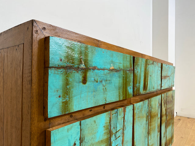 Boatwood by WMK # Besonders schönes türkises Sideboard mit Schubladen , ein aus altem Bootsholz handgefertigtes Unikat aus massivem Teakholz # Schrank Kommode Anrichte Wäschekommode Schubladenkommode