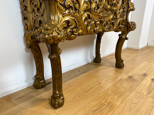 WMK I Das Highlight! Prunkvoller venezianischer antiker Schrank , um 1880, handbemalter Aufsatz auf geschnitzter vergoldeter Konsole mit Putti & Akanthus I Cabinet Bar Anrichte Kommode Chinois Barock