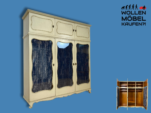 WMK I Sehr schöner weißer Mid-Century Kleiderschrank aus vollem Holz mit Glastüren, Schubladen & Aufsatz I Schrank Wardrobe Wäsche Schlafzimmer Chippendale Vintage Boho Shabby Chic Berlin Aachen Jena