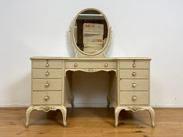 WMK # Wunderschöner weißer antiker Schminktisch im Stile Louis XV, Vollholz, mit neigbaren Spiegel, um 1930 # Schminkkommode Lady Sekretär Schreibtisch Frisiertisch Barock Rokoko Shabby Chic Vintage