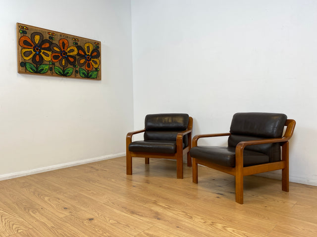 WMK # 1/2 Stilvoller skandinavisches Mid-Century Designersessel von L. Olsen & Søn Møbelfabrik mit Echtleder Bezug & Teakholz Rahmen # Sessel Armchair Sitzgarnitur Danish Design Vintage Teak Leather