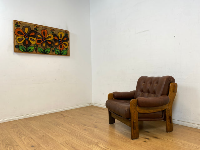 WMK Hochwertiger, äußerst gemütlicher und gut erhaltener skandinavischer Loungesessel mit Eichenholz Rahmen und gestepptem Echtleder Bezug # Sessel Ledersessel Lesesessel Chesterfield 70er Vintage