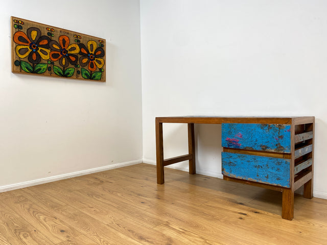 Boatwood by WMK # Einzigartiger Schreibtisch aus altem Bootsholz, ein handgefertigtes Unikat aus massivem Teakholz # blauer Arbeitstisch Sekretär Bürotisch Arbeitsplatz Computertisch Desk Bootsmöbel