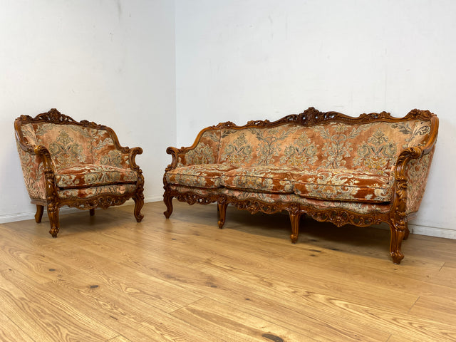 WMK Pompöser und sehr gut erhaltener Vintage Sessel im Stile des Barock mit edlem Brokat Bezug und reichverziertem Holzrahmen # Armchair Stuhl Sitzgarnitur Rokoko Chippendale Stilmöbel Altrosa
