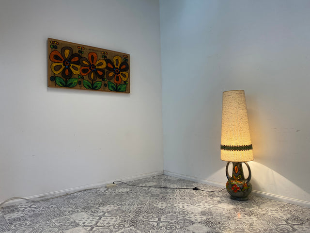 WMK Seltene große 70er Jahre Fat Lava Bodenlampe in sehr gutem Zustand mit original Stoffschirm und Henkeln - Stehlampe Lampe Stehleuchte Keramik Steingut Vintage Mid-Century 70er - Lieferung möglich