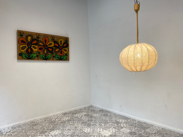 WMK Stilvolle und sehr gut erhaltene große Mid-Century Hängelampe mit Lampenschirm aus natürlichem Wollstoff & Tauwerk Kabelummantelung # Luster Hängeleuchte Deckenlampe Pendelleuchte Cocoon Vintage