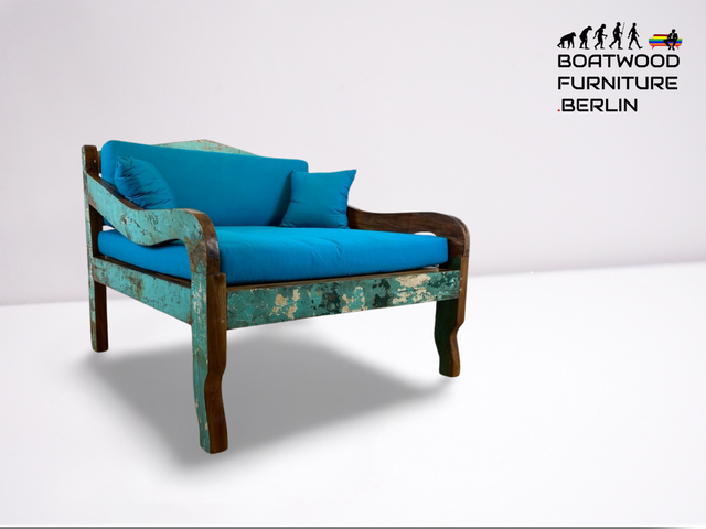 Boatwood by WMK # Besonderes kleines Sofa aus altem Bootsholz, ein handgefertigtes Unikat aus massivem Teakholz mit neuer Polsterung & Kissen # Couch Sessel Loungesessel Loveseat Liege Bootsmöbel