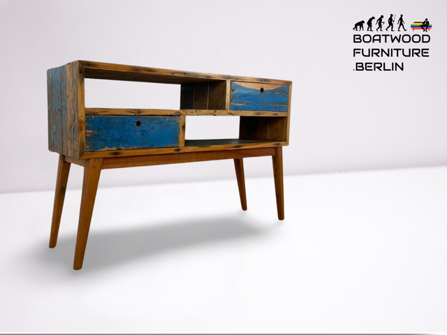 Boatwood by WMK # Besondere Konsole aus altem Bootsholz mit Schubladen, ein handgefertigtes Unikat aus massivem Teakholz # Kommode Sideboard Schrank Garderobe Ablage Flurkommode Industrial Upcycling