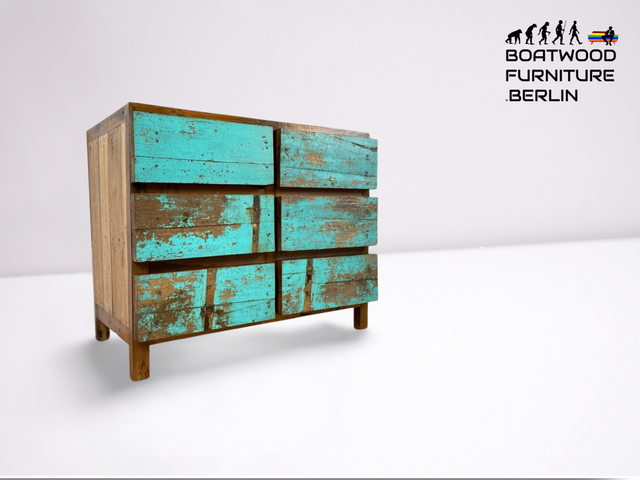 Boatwood by WMK # Schöne, meeresblaue Schubladenkommode aus altem Bootsholz, ein handgefertigtes Unikat aus massivem Teakholz # Schrank Kommode Wäschekommode Sideboard Wickelkommode Flurkommode Teak