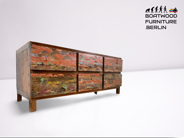 Boatwood by WMK # Besonderes Lowboard mit Schubladen , ein aus altem Bootsholz handgefertigtes Unikat aus massivem Teakholz # Kommode Sideboard TV-Lowboard TV Board Fernsehkommode Schubladenkommode