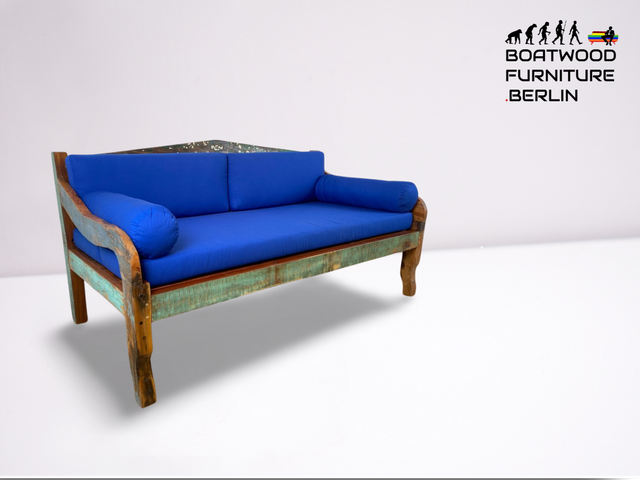 Boatwood by WMK # Besonderes Sofa aus altem Bootsholz, ein handgefertigtes Unikat aus massivem Teakholz mit neuer Polsterung & Kissen in schönem Blau # Couch Daybed Liege Bigsofa Loveseat Bootsmöbel