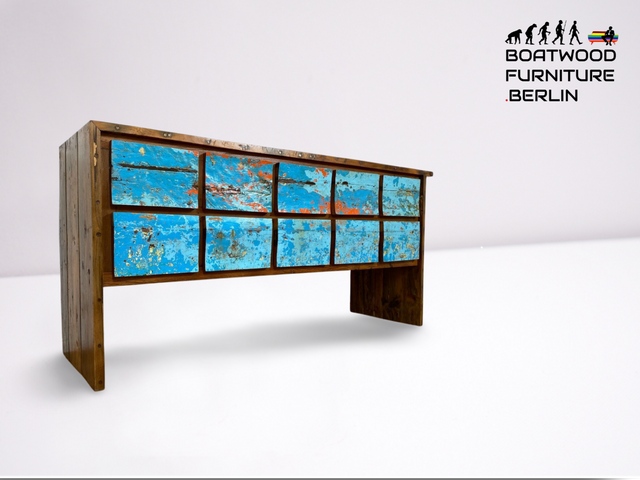 Boatwood by WMK # Wunderschöne meeresblaue Anrichte mit Schubladen, ein aus altem Bootsholz handgefertigtes Unikat aus massivem Teakholz # Schrank Sideboard Kommode Apothekerschrank Küchenschrank Teak