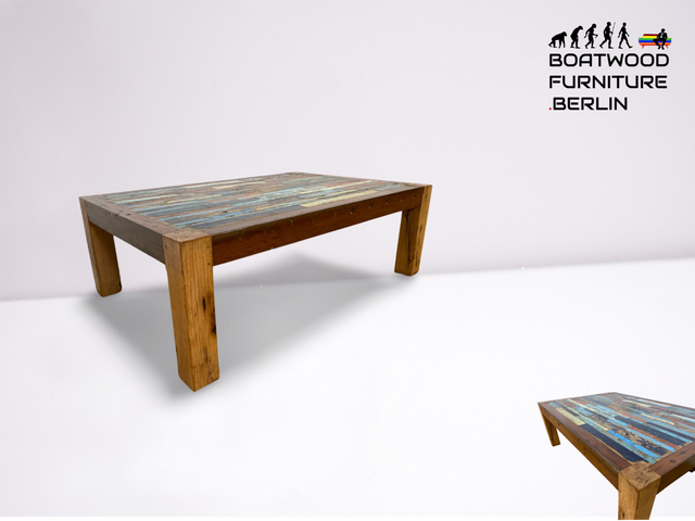 Boatwood by WMK # Schöner Couchtisch (120x80cm) aus altem Bootsholz, ein handgefertigtes Unikat aus massivem Teakholz mit original Farben der Boote # Sofatisch Wohnzimmertisch Coffee Table Bootsmöbel