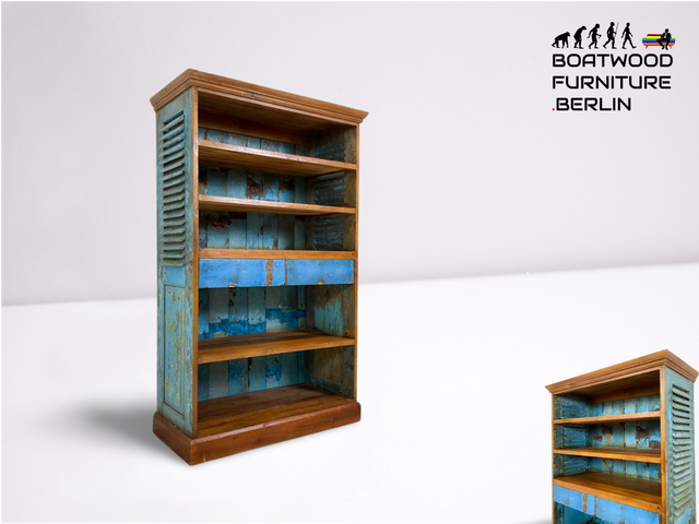 Boatwood by WMK # Besonders schönes Regal mit Schubladen , ein aus altem Bootsholz & alten Türen handgefertigtes Unikat # Bücherregal Bücherschrank Highboard Holzregal Küchenregal Treibholz Teak