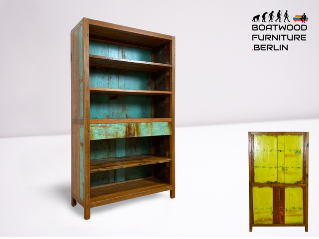 Boatwood by WMK # Besonderes Bücherregal mit Schubladen, ein aus altem Bootsholz handgefertigtes Unikat aus massivem Teakholz # Regal Bücherschrank Holzregal Highboard Raumtrenner Loft Teak Bootsmöbel