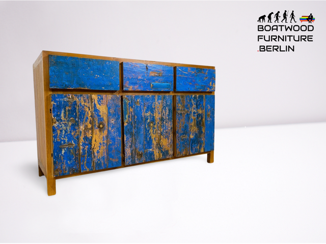 Boatwood by WMK # Wunderschönes meeresblaues Sideboard mit Schubladen, ein aus altem Bootsholz handgefertigtes Unikat aus massivem Teakholz # Kommode Schrank Anrichte Fernsehkommode Flurkommode Teak