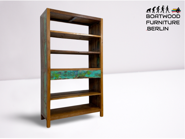 Boatwood by WMK # Einzigartiges Bücherregal mit Schubladen , ein aus altem Bootsholz handgefertigtes Unikat aus massivem Teakholz # Bücherschrank Regal Highboard Holzregal Küchenregal Raumtrenner Teak