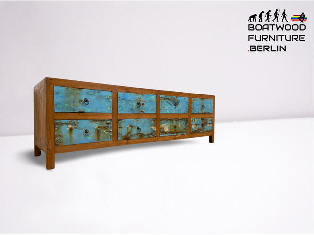 Boatwood by WMK # Nachhaltiges Sideboard mit Schubladen in Meeresblau, ein aus altem Bootsholz handgefertigtes Unikat aus massivem Teakholz # Kommode TV-Lowboard Fernsehkommode TV-Bank Bootsmöbel Teak