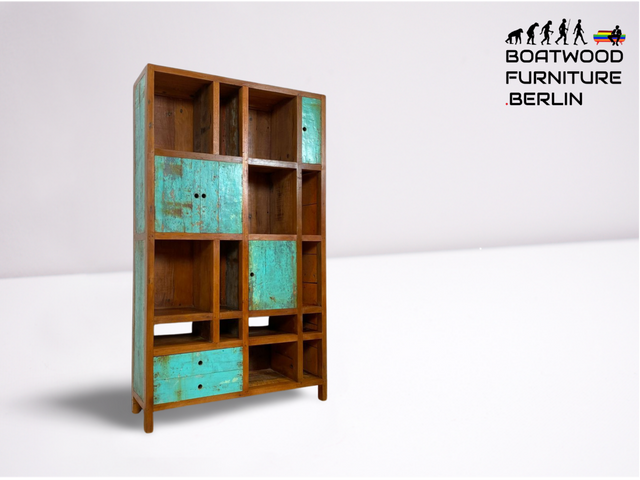 Boatwood by WMK # Bücherregal mit Schubladen & Fächern, ein aus altem Bootsholz handgefertigtes Unikat aus massivem Teakholz # Regal Bücherschrank Holzregal Highboard Raumtrenner Loft Teak Bootsmöbel