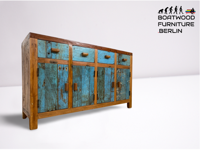 Boatwood by WMK # Imposantes Sideboard mit Schubladen & Türen, ein aus altem Bootsholz handgefertigtes Unikat aus massivem Teakholz # Kommode Schrank Anrichte Flurkommode Wäschekommode Bootsmöbel Teak