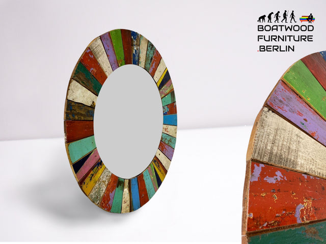 Boatwood by WMK # Beautiful round wall mirror made of old boat wood, a handmade unique piece made of teak in the original colors of the boats # colorful mirror bathroom mirror hallway mirror boat furniture artwork art