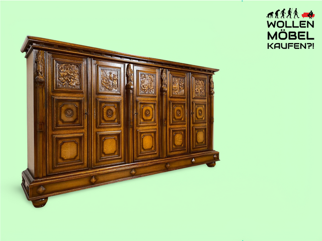 WMK Prachtvoller und sehr gut erhaltener 60er Jahre Schrank aus vollem Holz im antikem Stil mit detailreichen Handschnitzereien #  Wohnzimmerschrank Bücherschrank Bücherregal Highboard Barock Vintage