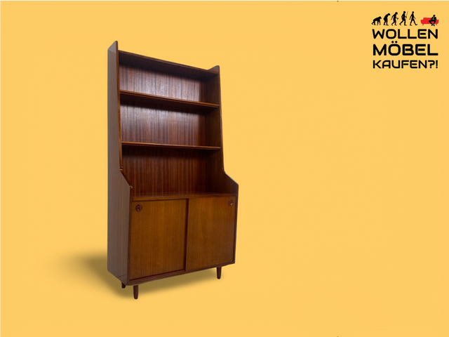 WMK Hochwertiger & sehr gut erhaltener skandinavischer Bücherschrank aus vollem Holz mit Schiebetüren & tollen Holzgriffen # Highboard Regal Bücherregal Kommode Danish Design Mid-Century Vintage 60er