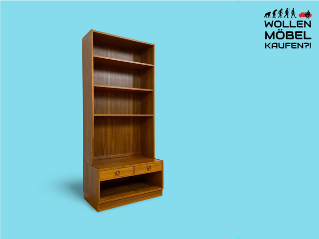 WMK Stilvoller und sehr gut erhaltener skandinavischer Bücherschrank aus 1970er Jahren mit Schubladen und formschönen Holzgriffen # Bücherregal Büchervitrine Regal TV-Lowboard Danish Design Vintage