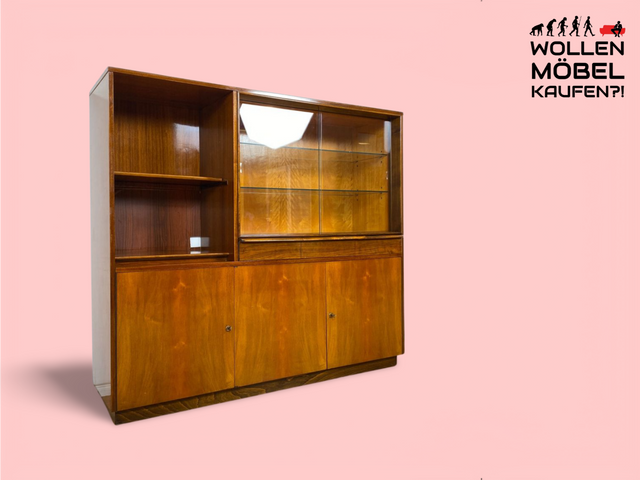 WMK Hochwertiger und gut erhaltener tschechischer 50er Jahre Wohnzimmerschrank aus vollem Holz mit Vitrine und Regalfach # Schrank Vitrinenschrank Sideboard Geschirrschrank Mid-Century Vintage 60er