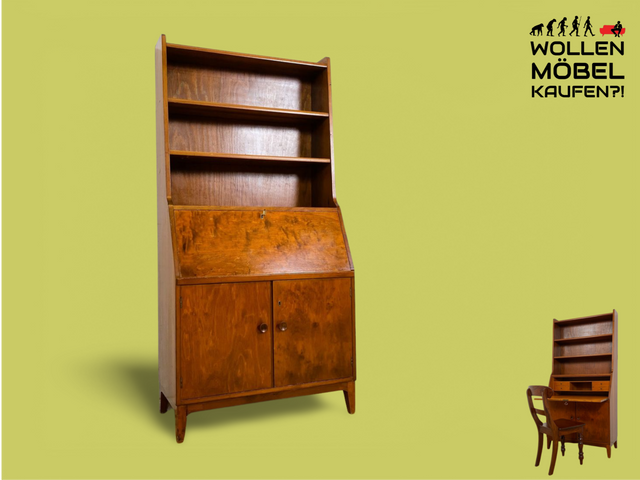 WMK Sehr schöner skandinavischer 50er Jahre Schreibschrank aus vollem Holz mit fester Schreibplatte & verstellbaren Regalböden # Sekretär Bücherschrank Highboard Bücherregal Desk Schreibtisch Vintage