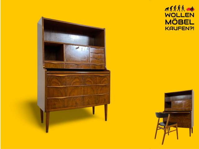 WMK Stilvoller & hochwertiger skandinavischer Sekretär aus vollem Holz mit ausziehbarer Schreibplatte # Schreibschrank Highboard Schreibtisch Desk Kommode Schrank Schubladenkommode Vintage Mid-Century