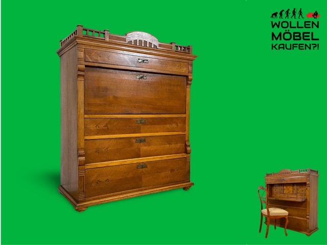 WMK Wunderschöner skandinavischer antiker Schreibschrank aus massivem Eichenholz mit fester Schreibklappe & Schubladen # Sekretär Schrank Schubladenkommode Schreibtisch Highboard Biedermeier Vintage