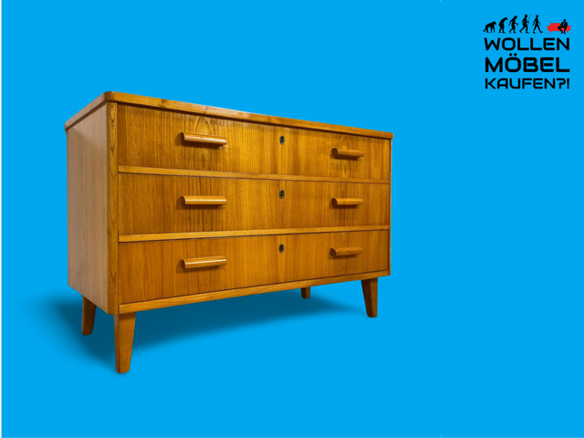 WMK Besonders schöne und sehr gut erhaltene skandinavische 50er Jahre Kommode aus vollem Holz mit Schubladen & Holzgriffen # Kommode Sideboard Wäschekommode Schubladenkommode Vintage Mid-Century 60er