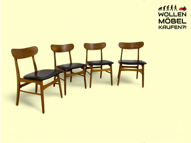 WMK Set aus 4 gut erhaltenen skandinavischen Esszimmerstühlen aus Teakholz und Buche mit schwarzem Skai Bezug # Stühle Küchenstühle Danish Design Mid-Century 60er Vintage Teak Mid-Century Kunst Leder