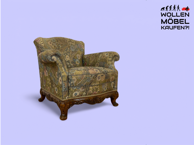 WMK Wunderschöner und gut erhaltener schwedischer 60er Jahre Sessel mit reichverziertem Holzrahmen & bequemen Federkern # Lesessessel Armchair Sitzgarnitur Rokoko Barock Chippendale Stilmöbel Vintage