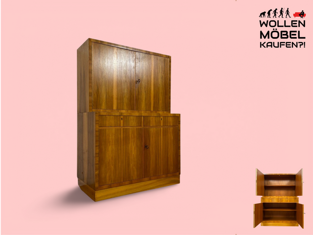 WMK Hochwertiger & sehr schöner Mid-Century Hochschrank aus vollem Holz von Brumax aus 1959, mit Schubladen & verstell. Regalböden # Schrank Highboard Bücherschrank Kommode Sideboard Vintage 50er 60er