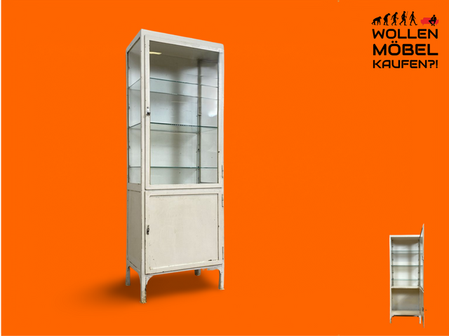 WMK Very beautiful &amp; minimalist 1940s medicine cabinet made of iron &amp; glass # white apothecary cabinet display case doctor's cabinet glass display case doctor's display case highboard locker industrial design display vintage