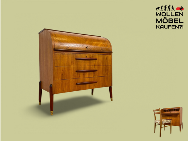 WMK Besonders schöner skandinavischer Sekretär in Teakholz mit ausziehb. Schreibplatte, Schubladen & Holzgriffen # Schreibschrank Desk Schreibtisch Kommode Schubladenkommode Mid-Century Vintage Teak