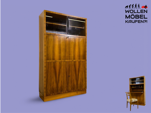 WMK Hochwertiger & sehr schöner Mid-Century Schreibschrank aus vollem Holz von Brumax aus 1959, mit Vitrine und stabiler Schreibplatte # Sekretär Schreibtisch Desk Highboard Bücherschrank Vintage 50er