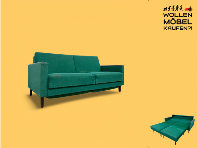 WMK Praktisches & gut erhaltenes aufklappbares Mid-Century Schlafsofa mit Originalbezug, Armlehne aus Kunstleder & schwarzen Metallfüßen # Sofa Couch 2-SitzerAusziehsofa Klappcouch Daybed Gästebett Retro Vintage