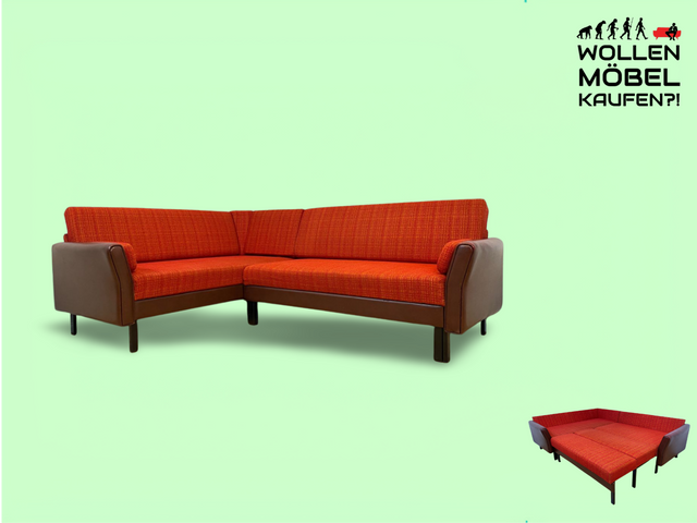 WMK Stilvolle und gut erhaltenes 70er Jahre Ecksofa mit Schlaffunktion in knallig rotem Originalbezug und Kunstleder # Eckcouch Couch Sofa Sitzgarnitur Schlafsofa Daybed Mid-Century Vintage Retro 60er