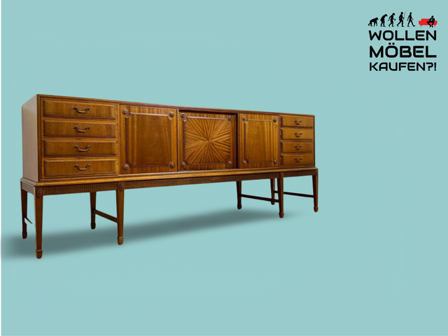 WMK High-quality and very well preserved 230cm long Danish style furniture sideboard in antique style with drawers and sliding doors # sideboard buffet cupboard TV lowboard chest of drawers vintage 70s