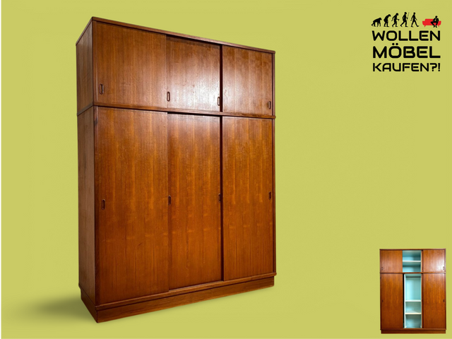 WMK Stilvoller & geräumiger großer skandinavischer Kleiderschrank in Teakholz mit Schiebetüren & Aufsatz # Schrank Wäscheschrank Schlafzimmerschrank Wardrobe Danish Design Mid-Century Vintage Teak