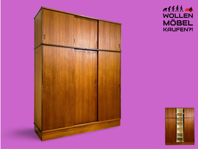 WMK Stilvoller & gut erhaltener großer skandinavischer Kleiderschrank , Vollholz in Teak , mit Schiebetüren & Aufsatz # Schrank Schlafzimmerschrank Wardrobe Danish Design Mid-Century Vintage Teakholz