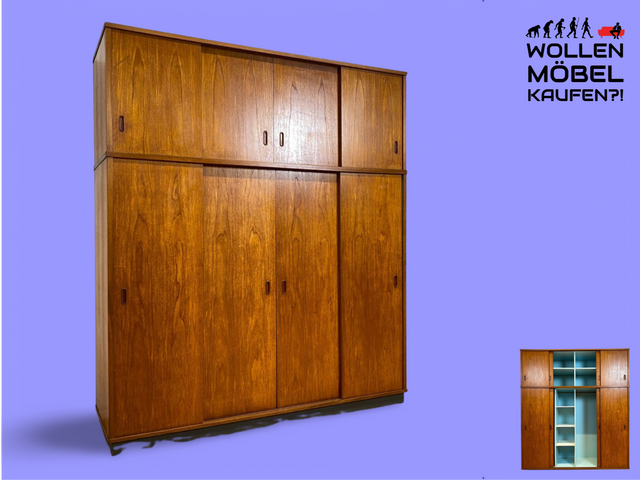 WMK Eleganter & gut erhaltener großer skandinavischer Kleiderschrank in Teakholz mit Schiebetüren & Aufsatz # Schrank Schlafzimmerschrank Wäscheschrank Wardrobe Danish Design Mid-Century Vintage Teak