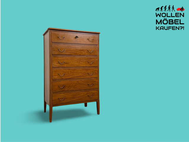 WMK Sehr schönes und geräumiges skandinavisches Highboard aus vollem Holz mit Bierlasur , Schubladen & Messinggriffen # Schrank Kommode Schubladenkommode Wäschekommode Sideboard Mid-Century Vintage