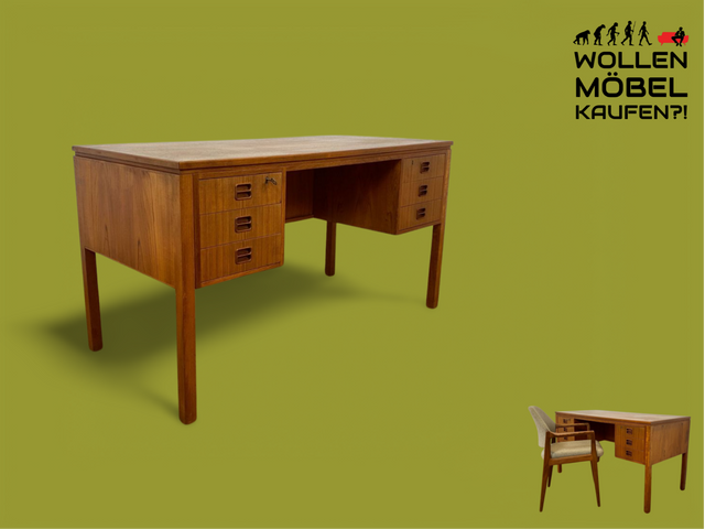 WMK Stilvoller skandinavischer Designerschreibtisch von Tibergaard in Teakholz , freistellend mit Regal & Holzgriffen # Schreibtisch Arbeitstisch Bürotisch Desk Danish Design Mid-Century Vintage Teak