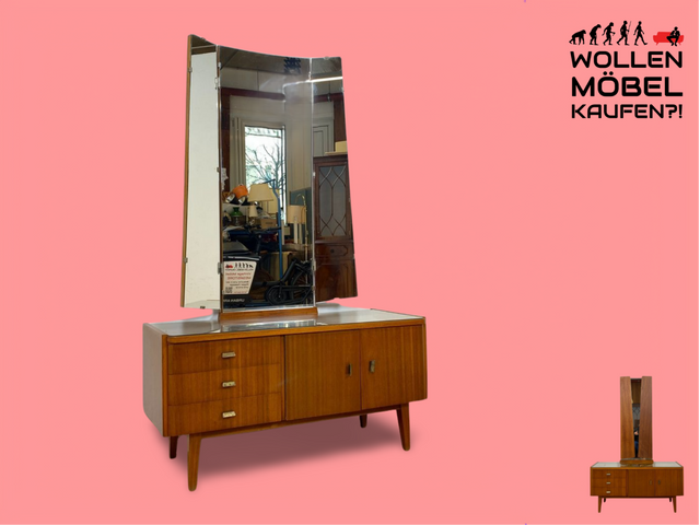 WMK Stilvolle und gut erhaltene Mid-Century Spiegelkommode aus vollem Holz mit Schubladen und Messinggriffen # Frisierkommode Schminkkommode Sideboard Kommode Spiegel Ganzkörperspiegel 60er Vintage