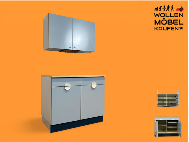 WMK # Kultige blaue Space Age Küchenzeile aus 1976 mit Hängeschrank, Schubladen und Gewürzregal # Küchenbüfett kleine Küche Küchenschrank Küchenhängeschrank Küchenanrichte Kredenz Retro Vintage DDR